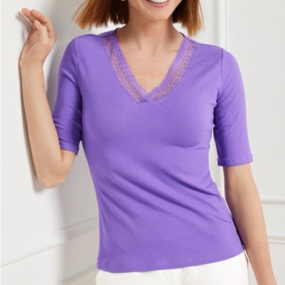 Talbots Lace Trim V-Neck Tee NWT Women’s 2X Purple Short Sleeve Ribbed Shirt - Picture 4 of 13